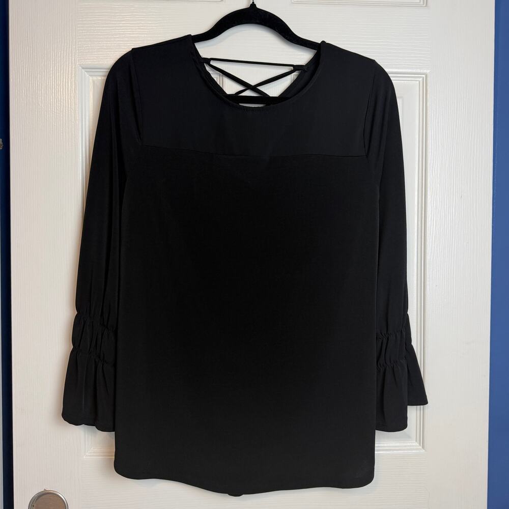 Chico's Size 1 Black Blouse Bell Sleeve Lace Up Back Stretch Top